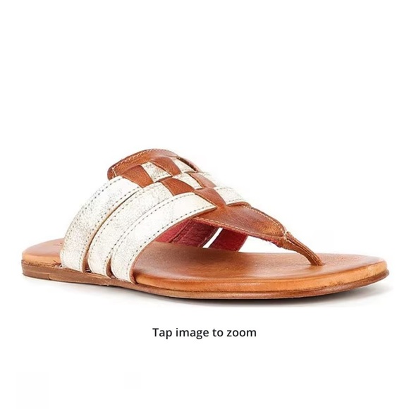 Bed Stu Yoli White/Tan Leather Triple Banded Slip On Thong Comfort Aztec Sandals - Picture 2 of 10